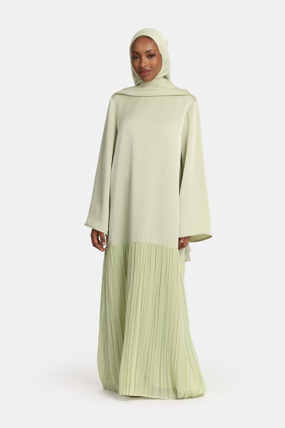 Pleated satin skirt abaya Pastel Sage