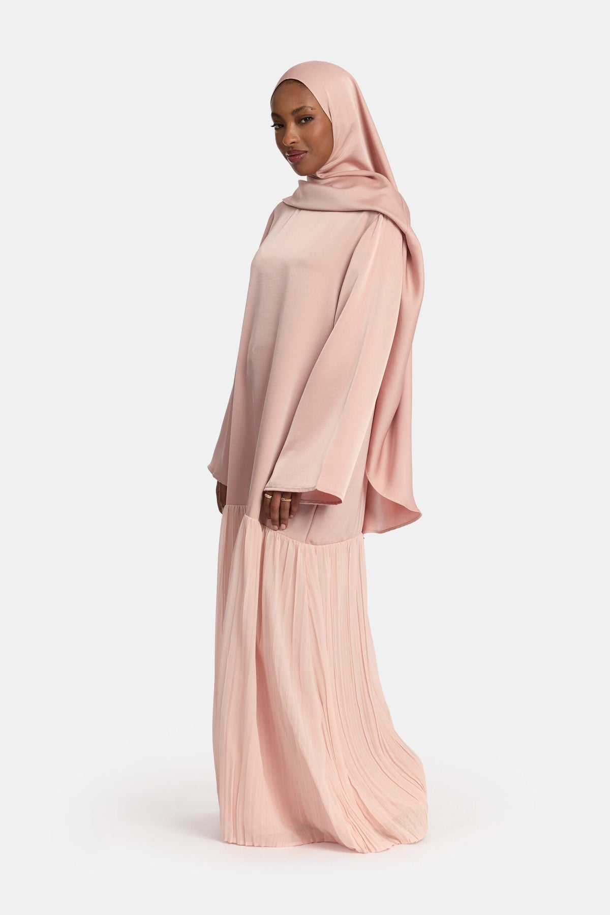 Pleated satin skirt abaya Peach