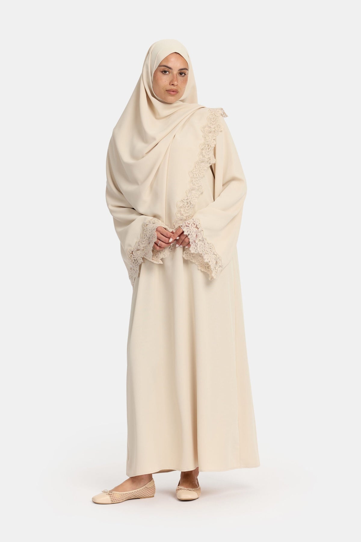 Lace Wavy edge abaya Oat