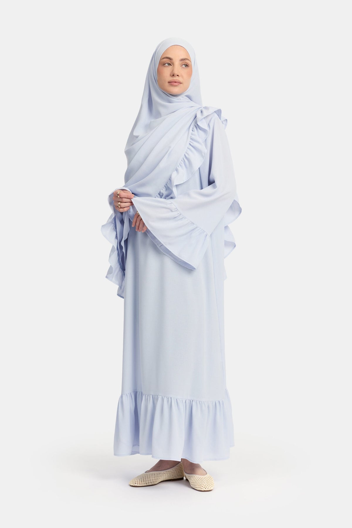 Lightweight stretch Ruffle abaya Ice Blue