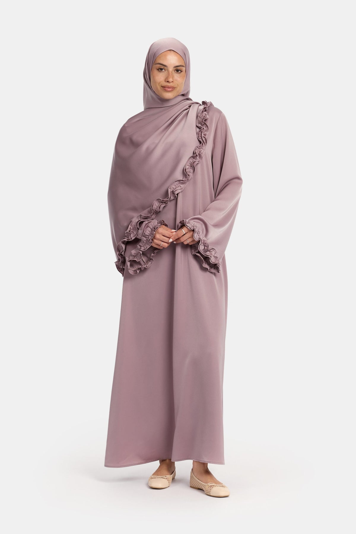 Satin wavy ruffle abaya Taupe Purple