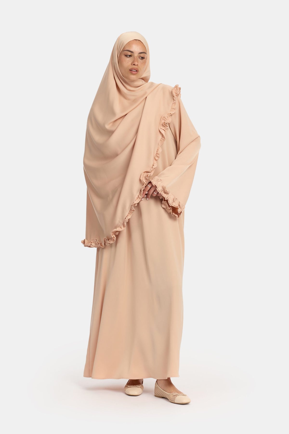 Satin wavy ruffle abaya Peach Almond