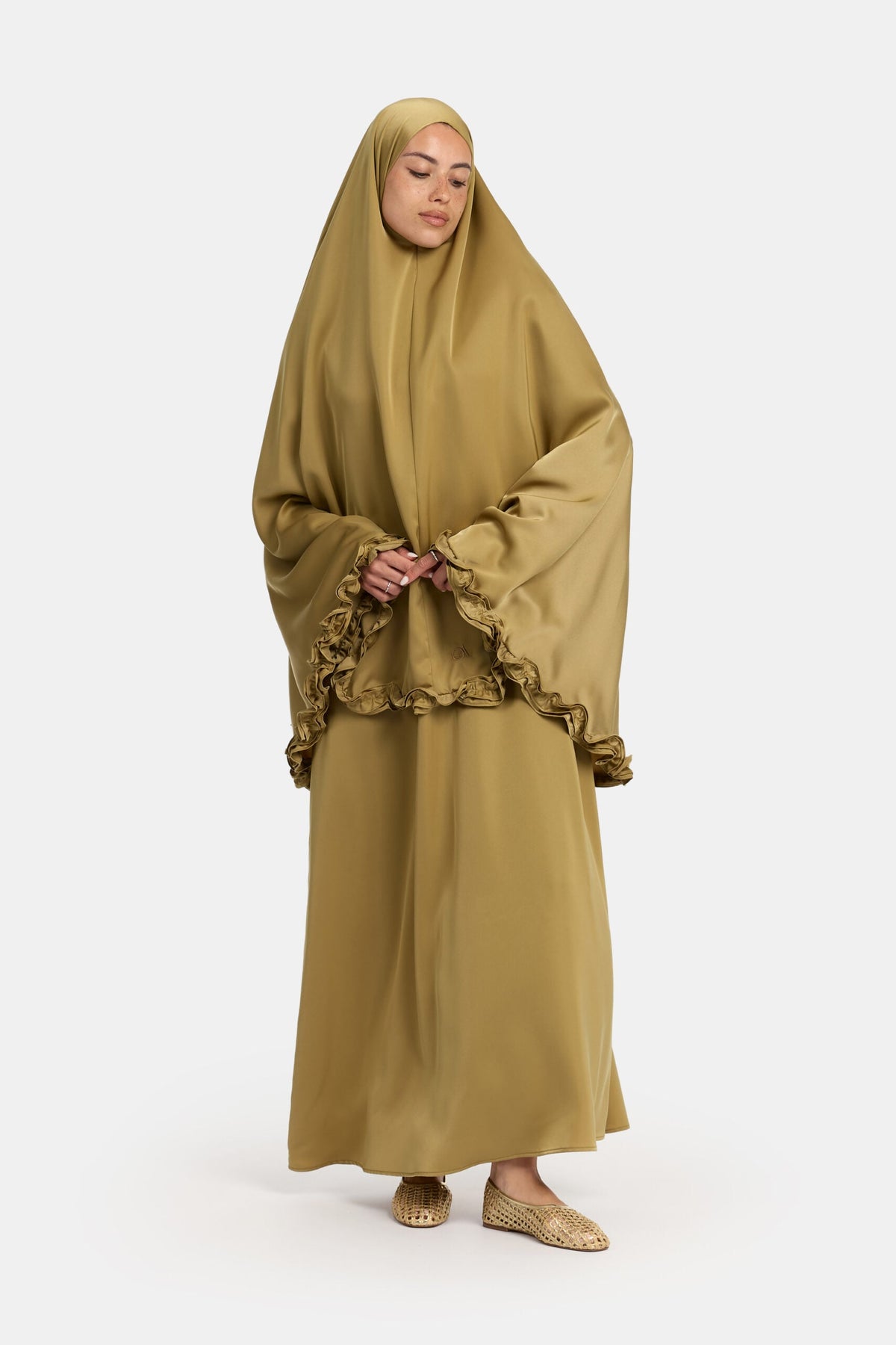 Satin khimar wavy ruffle Khaki