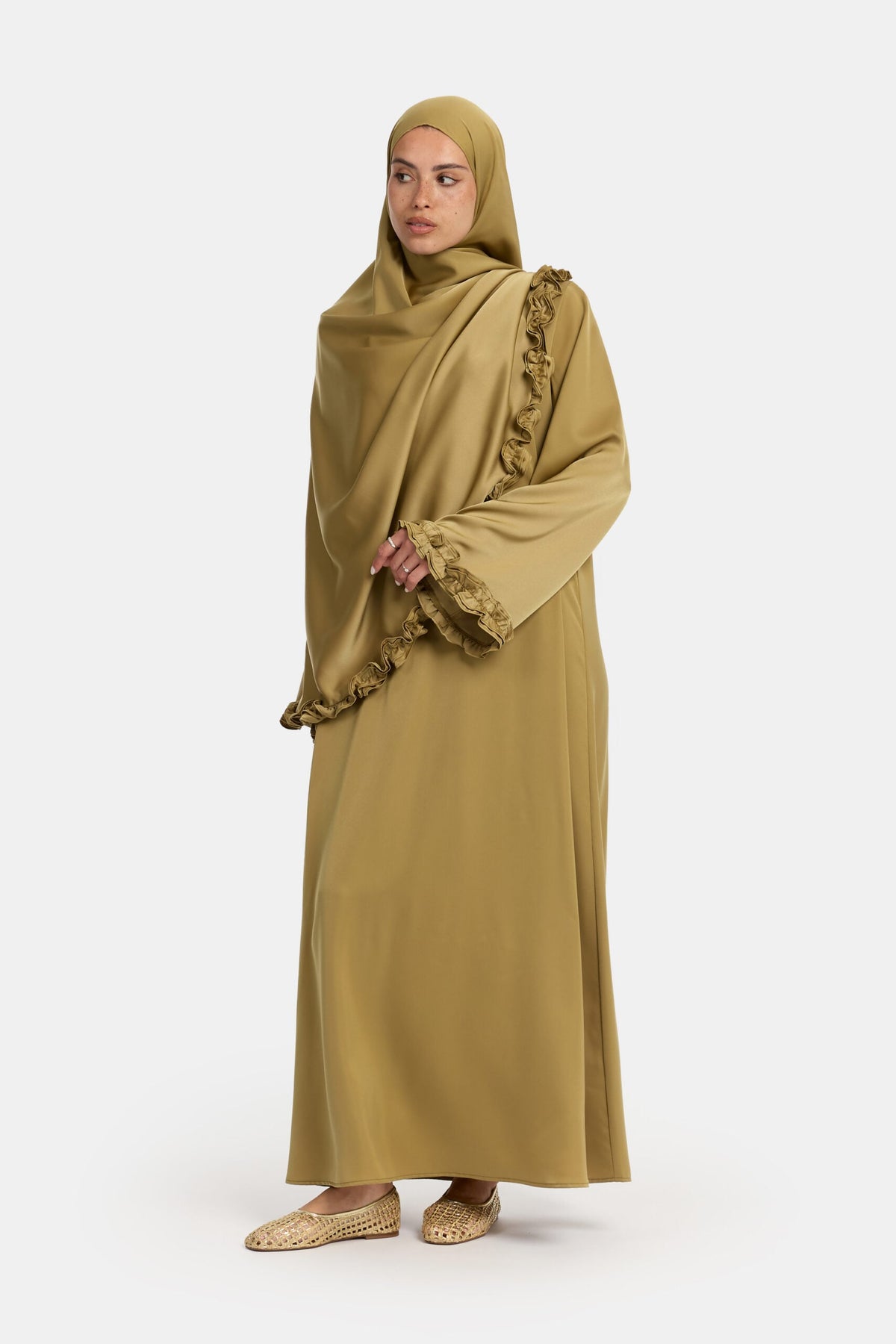 Satin wavy ruffle abaya Khaki
