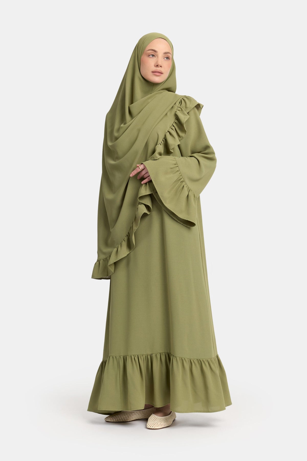 Lightweight stretch Ruffle abaya Leaf