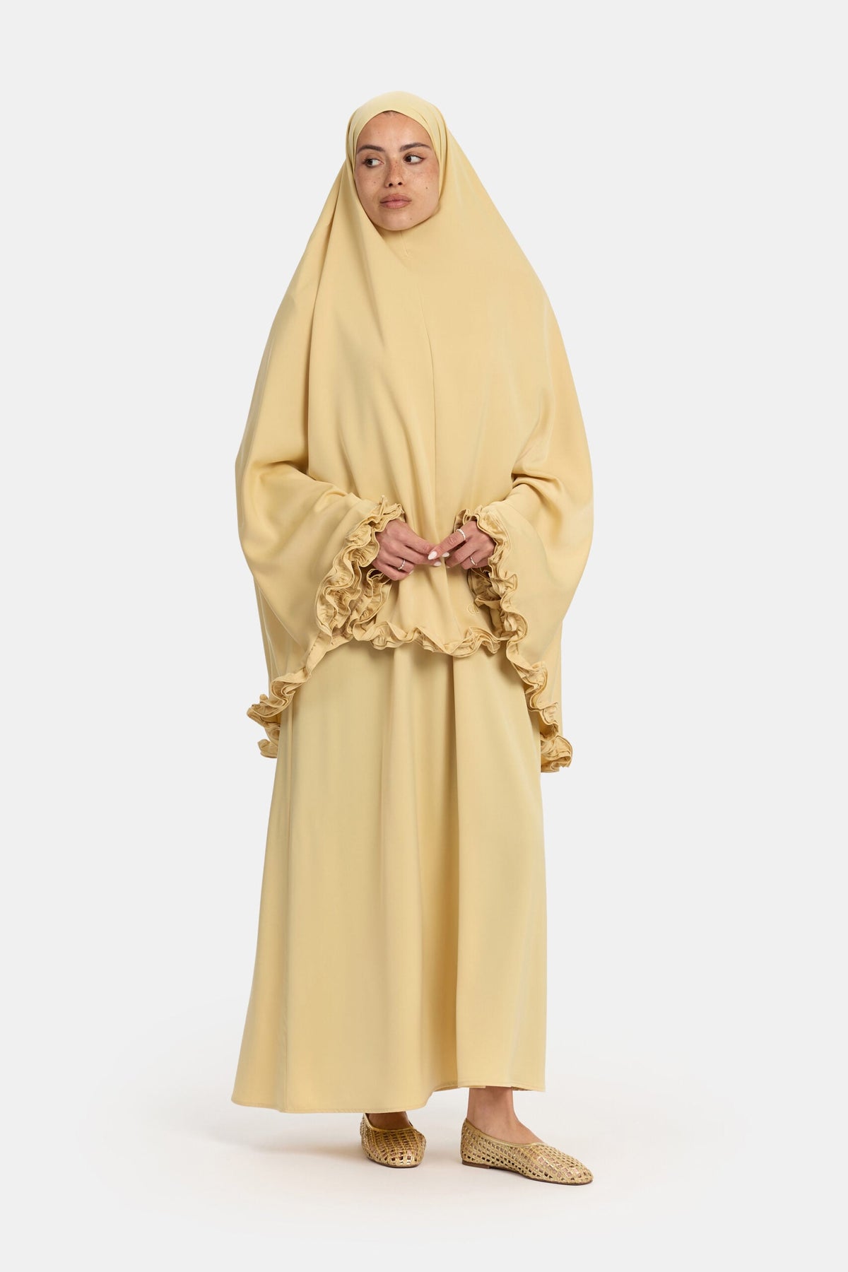 Satin khimar wavy ruffle Toast Yellow
