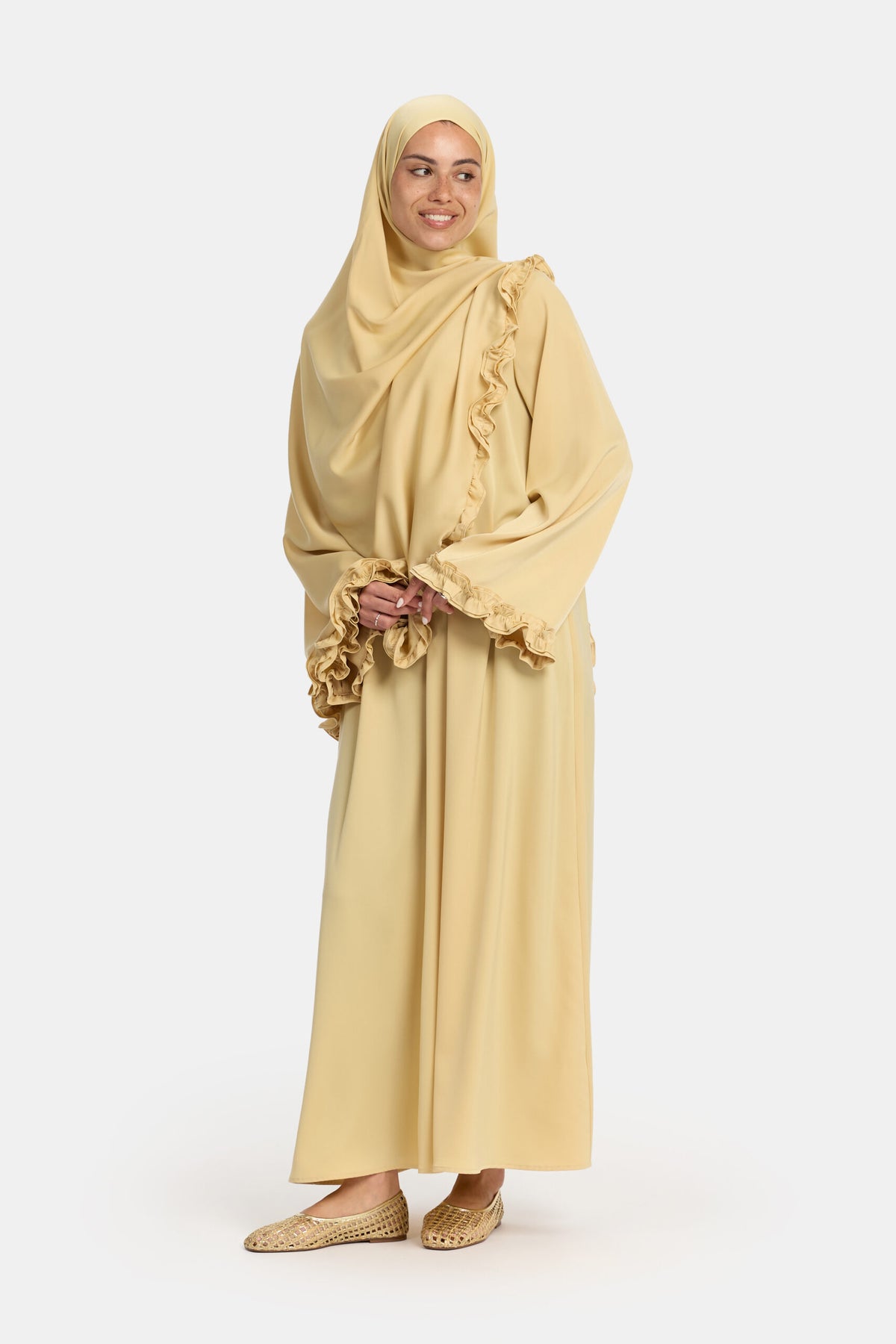 Satin wavy ruffle abaya Toast Yellow