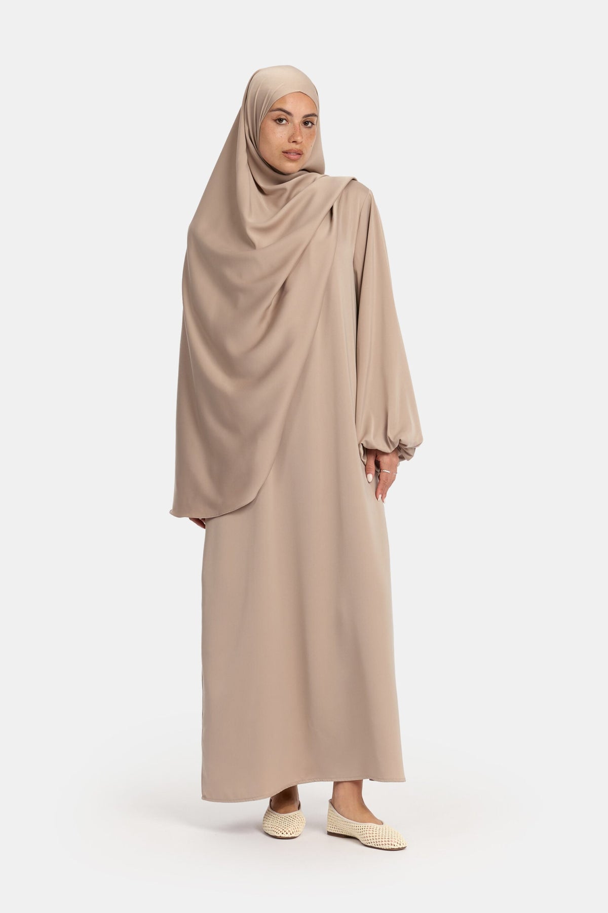 Satin balloon sleeve abaya Beige Taupe