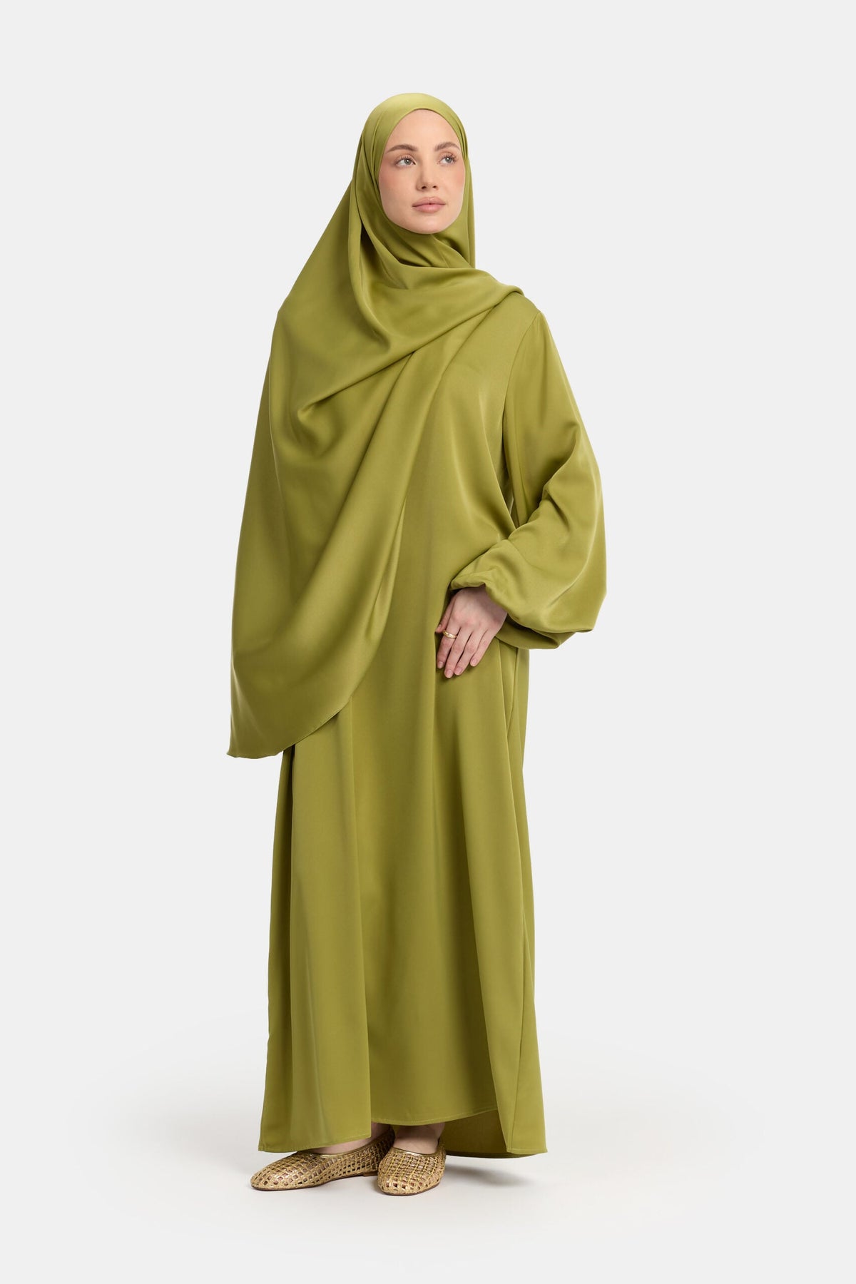 Satin balloon sleeve abaya Olive