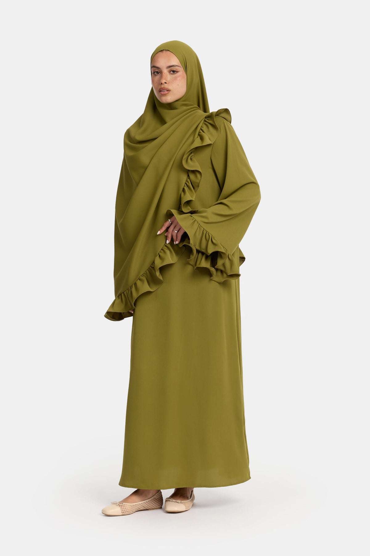 Nidha flounce abaya Olive Leaf