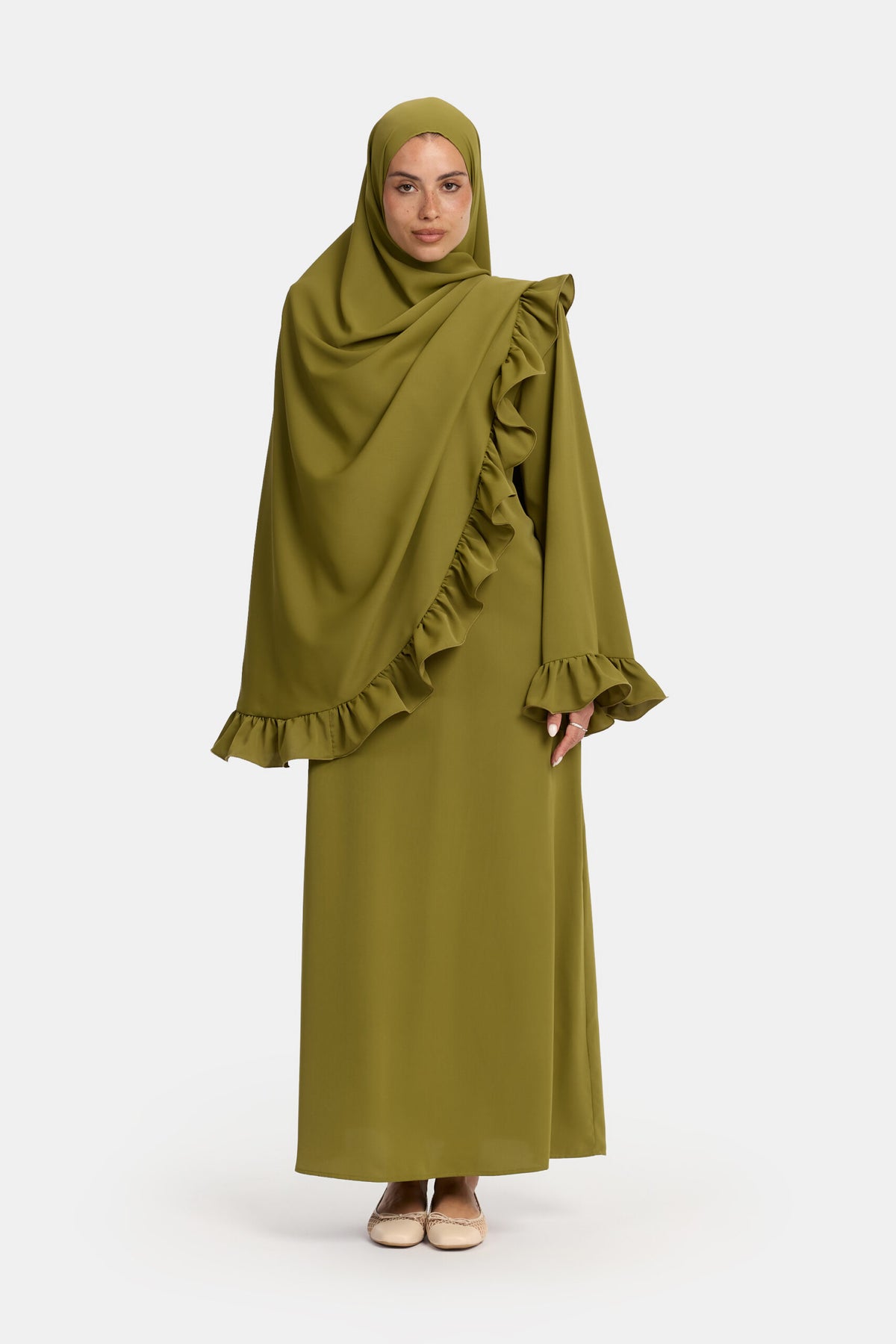 Nidha flounce abaya Olive Leaf