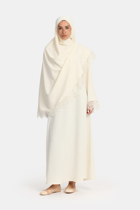 Leaf lace abaya Cream