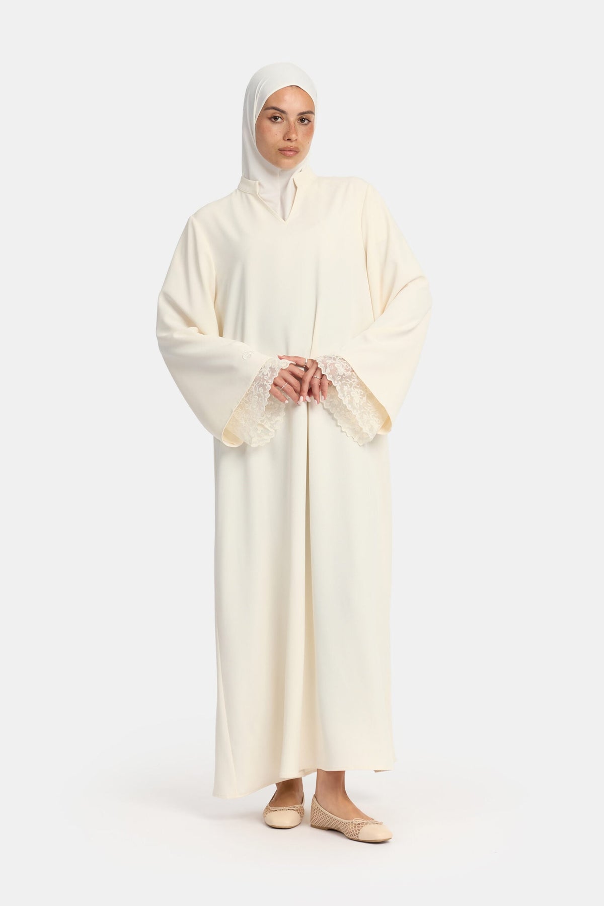 Double lace sleeve abaya Cream