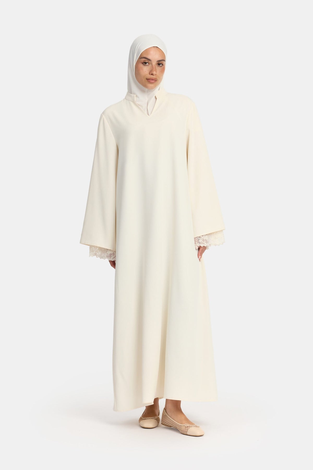 Double lace sleeve abaya Cream