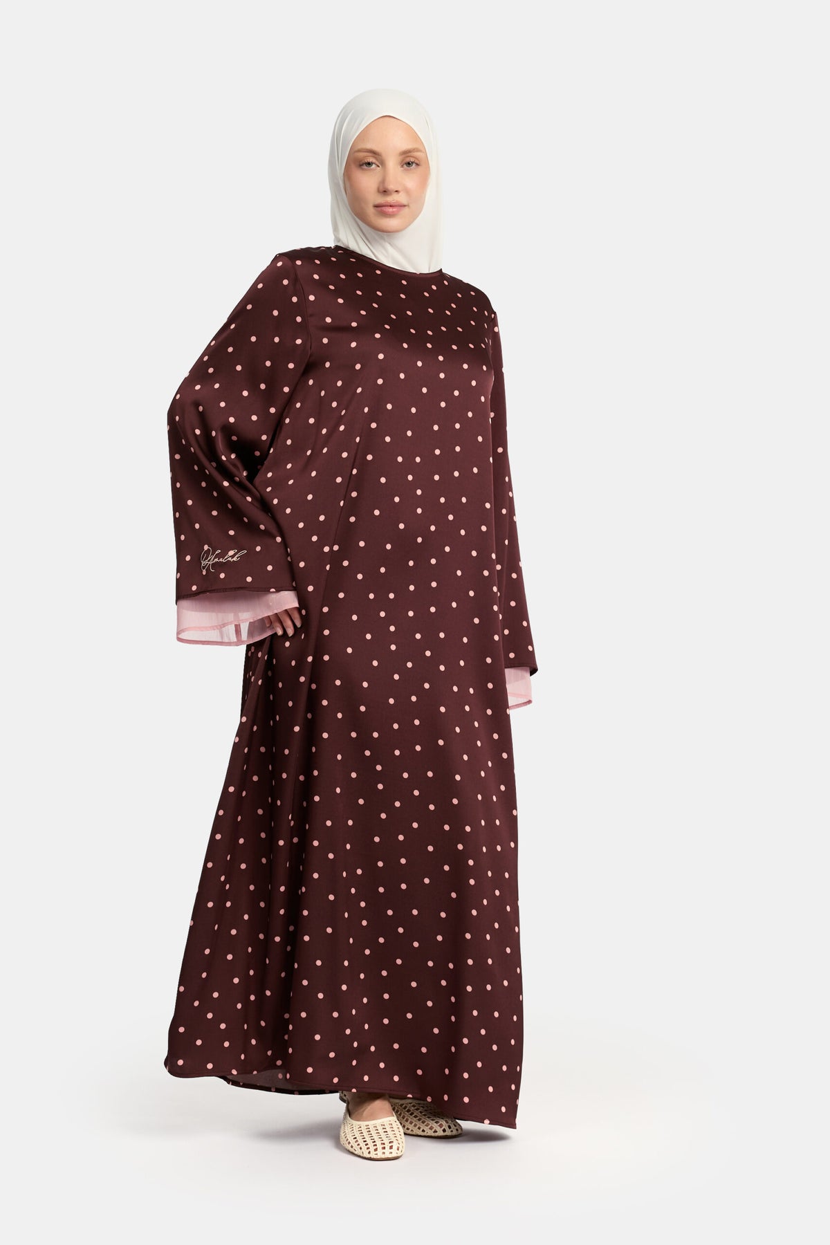 Soft dot Double sleeve abaya Brown