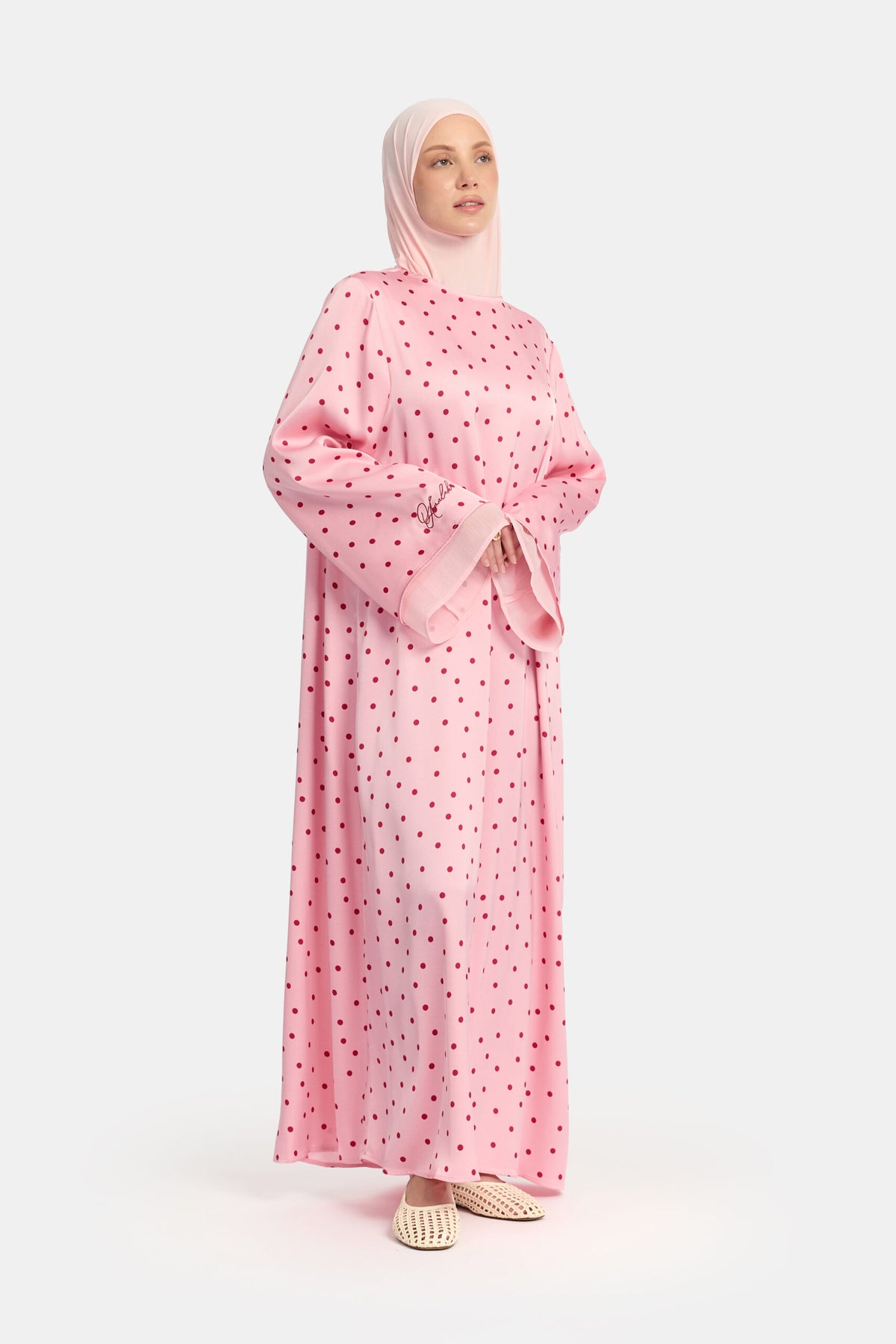 Soft dot Double sleeve abaya Pink