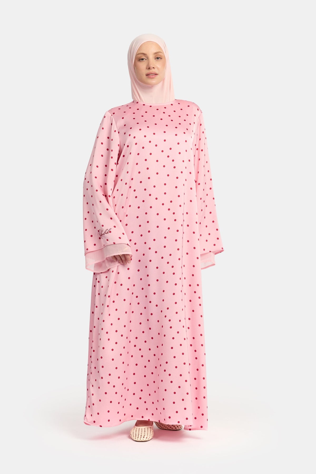 Soft dot Double sleeve abaya Pink
