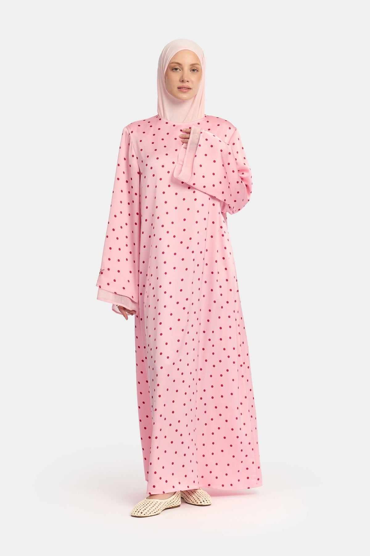 Soft dot Double sleeve abaya Pink