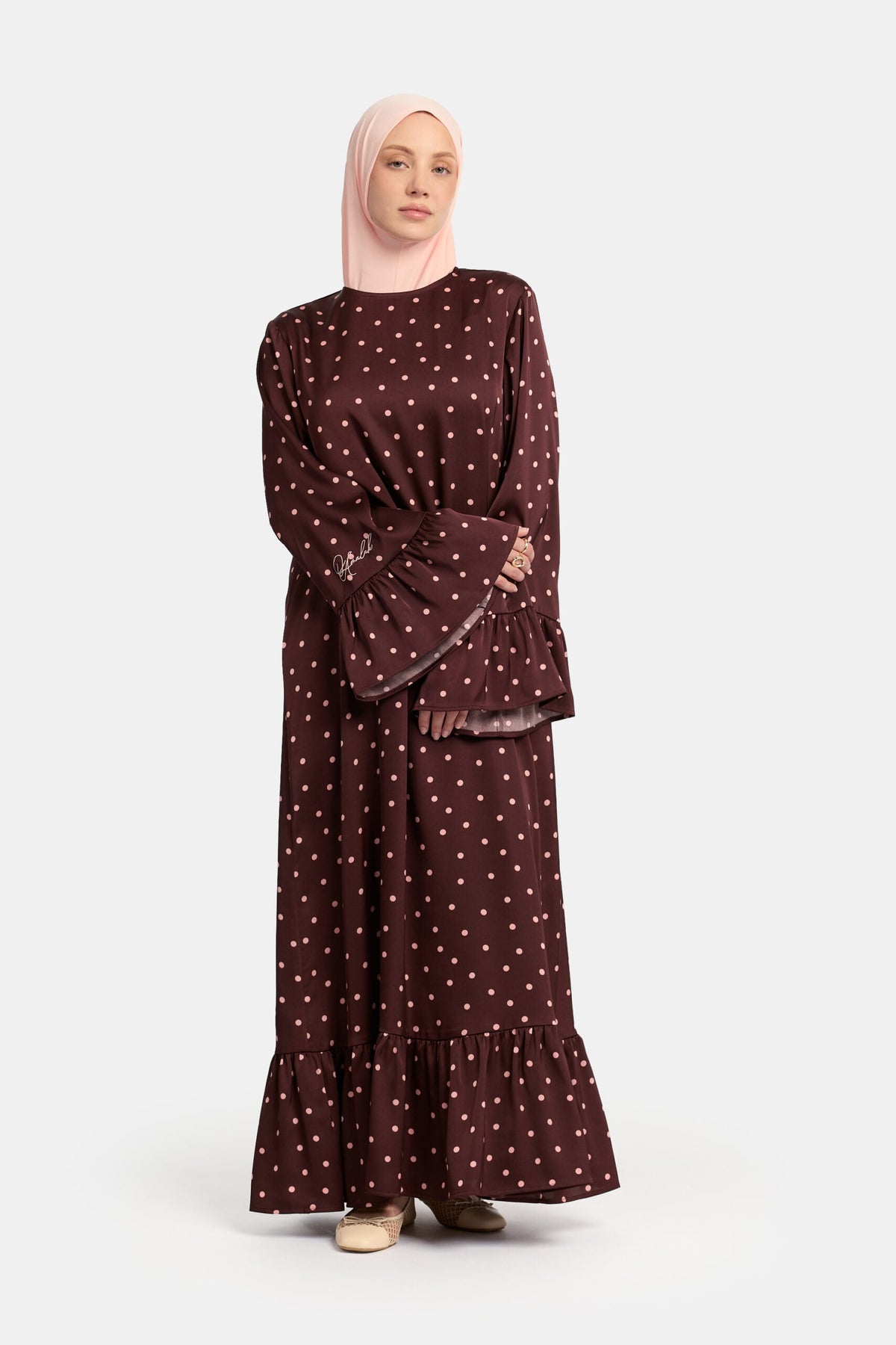 Soft dot Ruffle abaya Brown