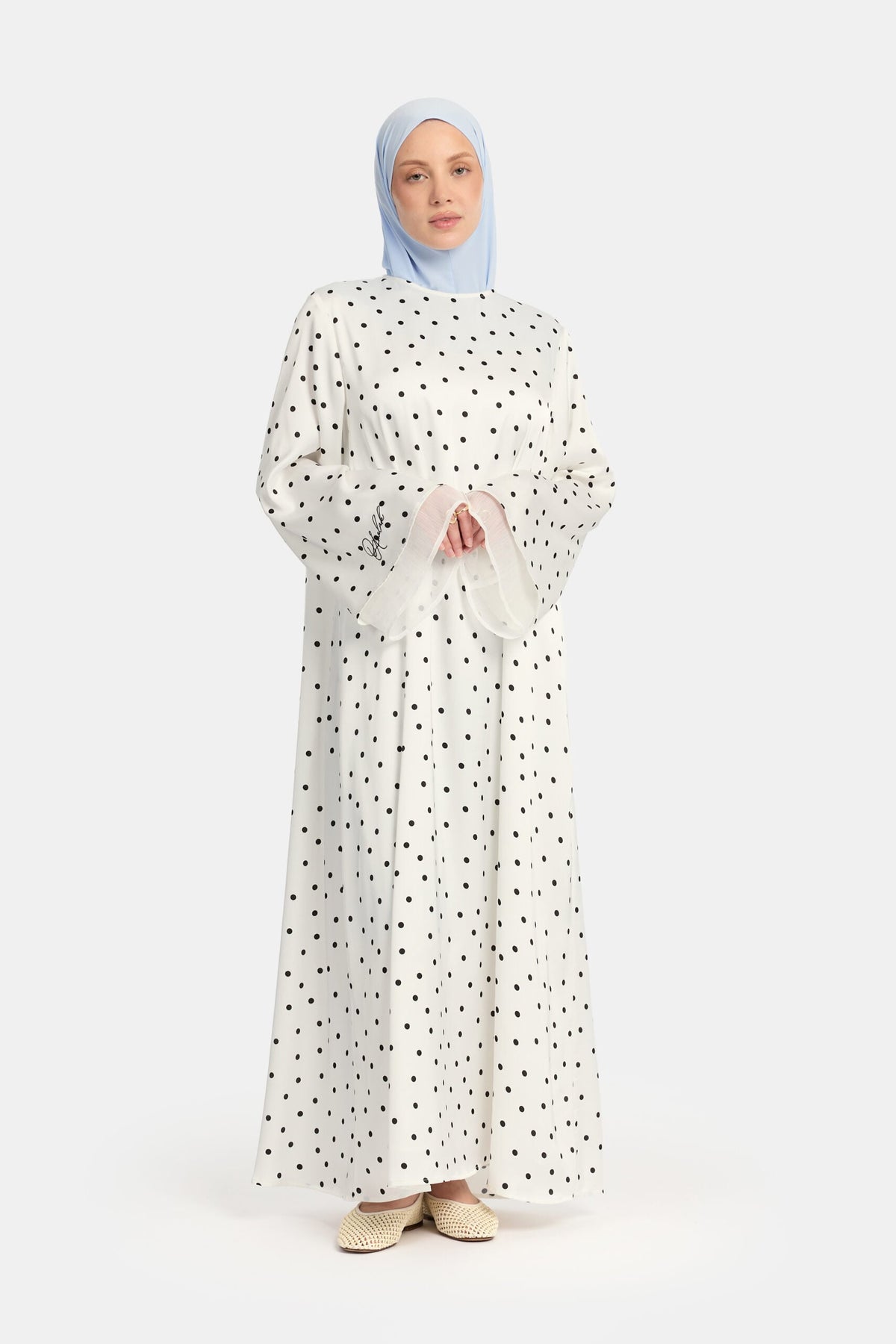 Soft dot Double sleeve abaya White