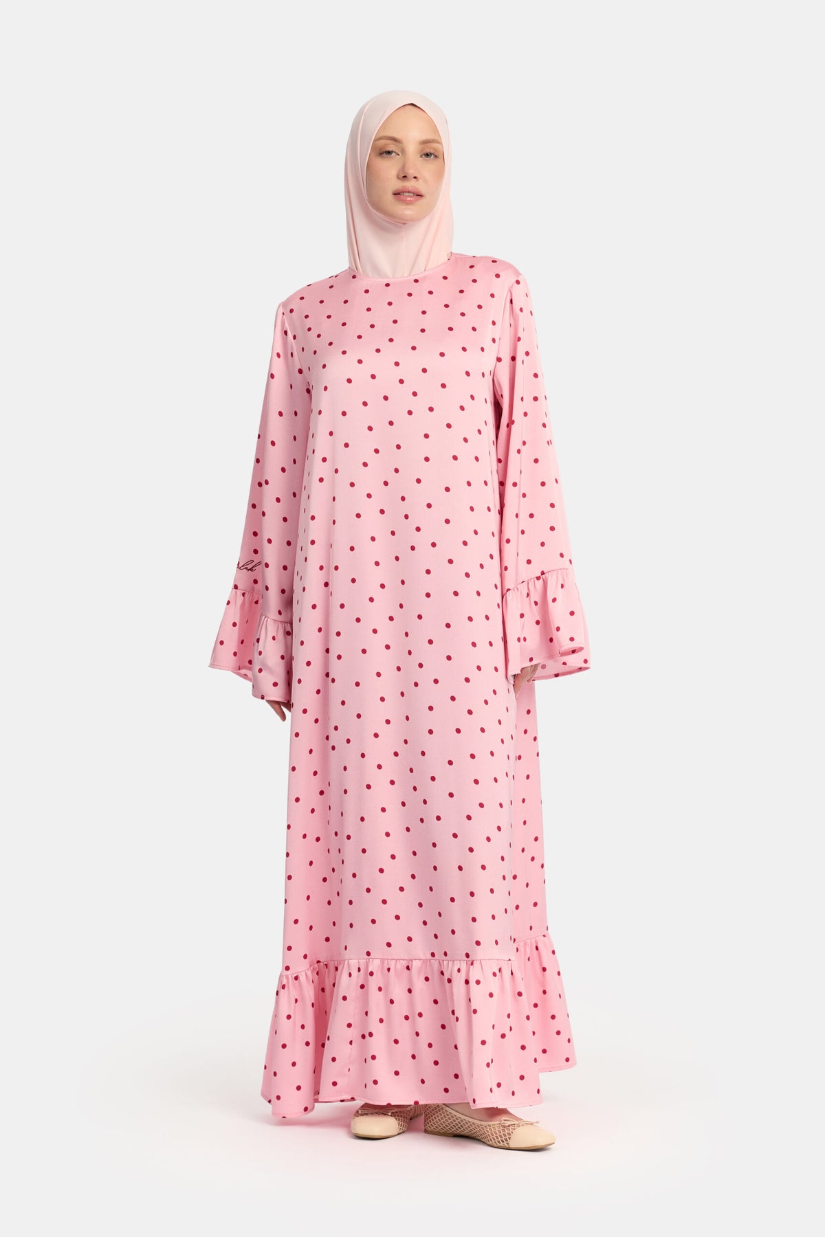 Soft dot Ruffle abaya Pink