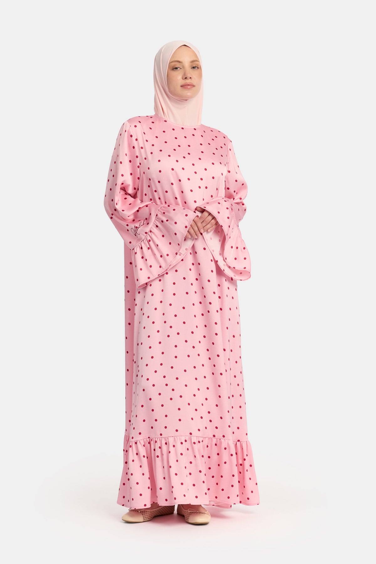 Soft dot Ruffle abaya Pink