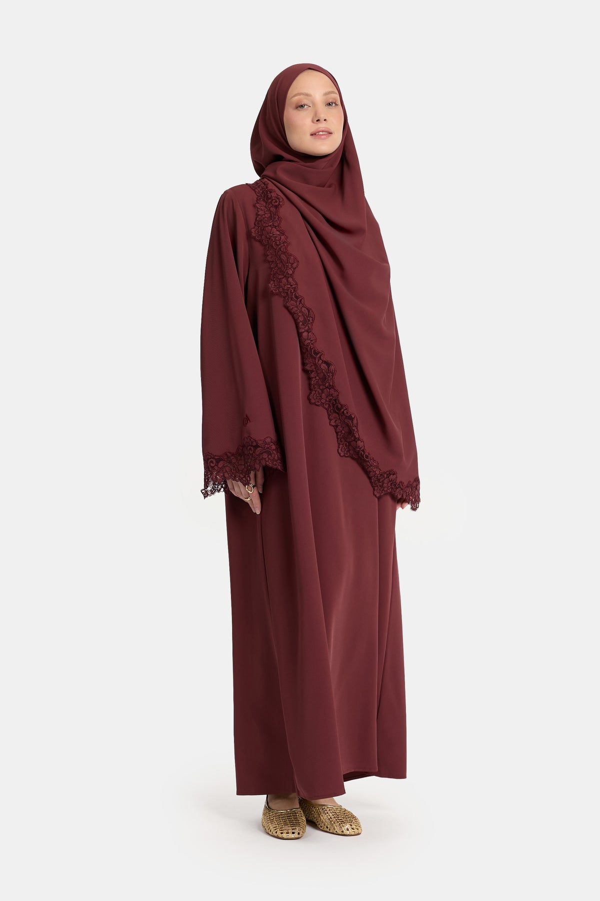 Abaya à bord ondulé en dentelle, Acajou rouge