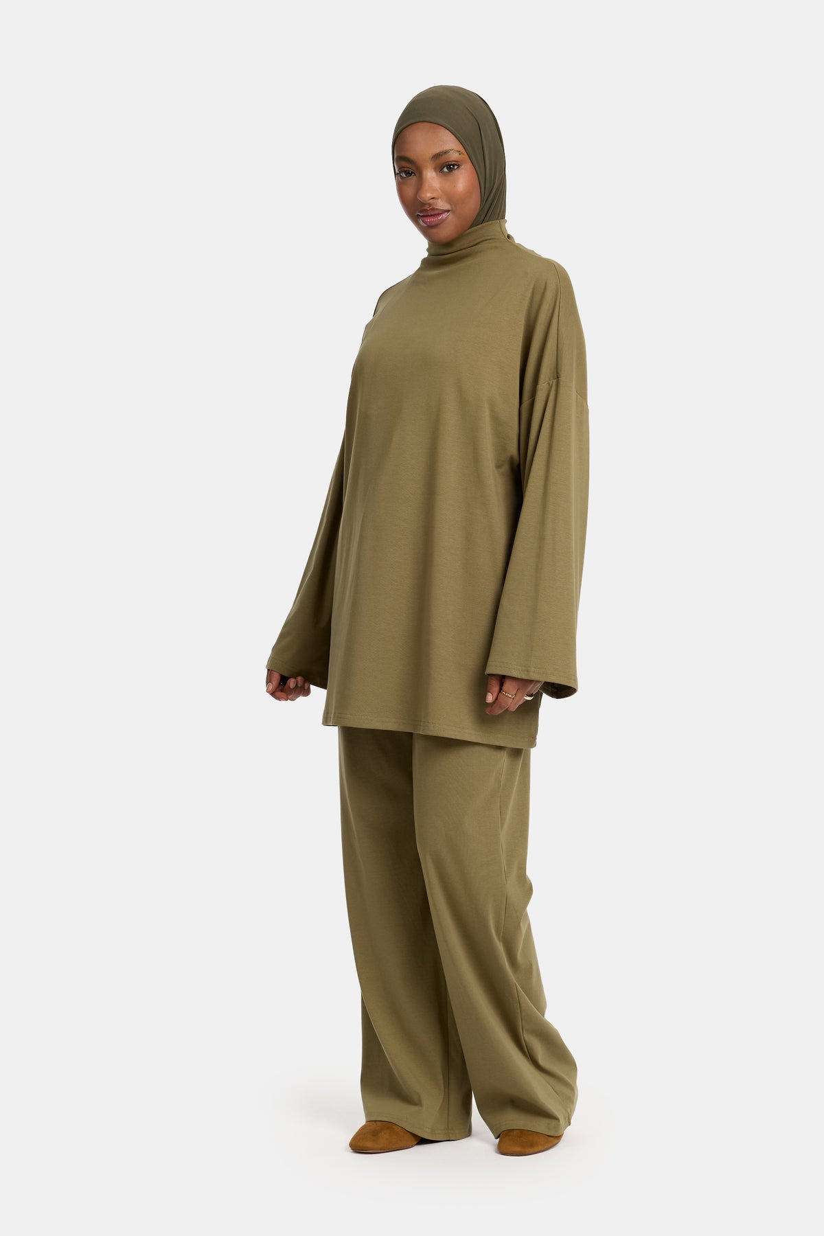 High neck jersey cotton twinset Burnt Olive
