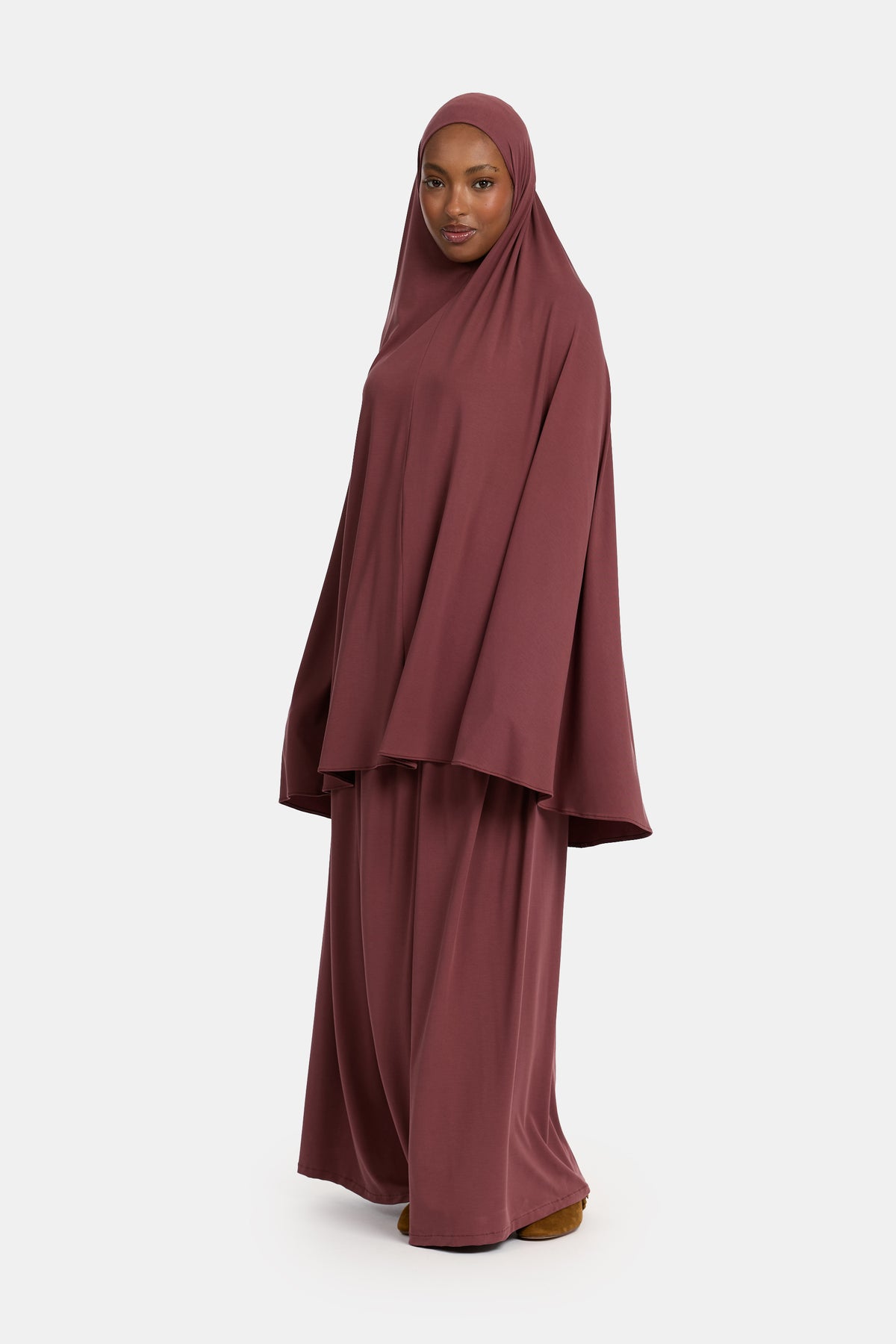 Ensemble khimar et jupe en jersey respirant rouge acajou poussiéreux