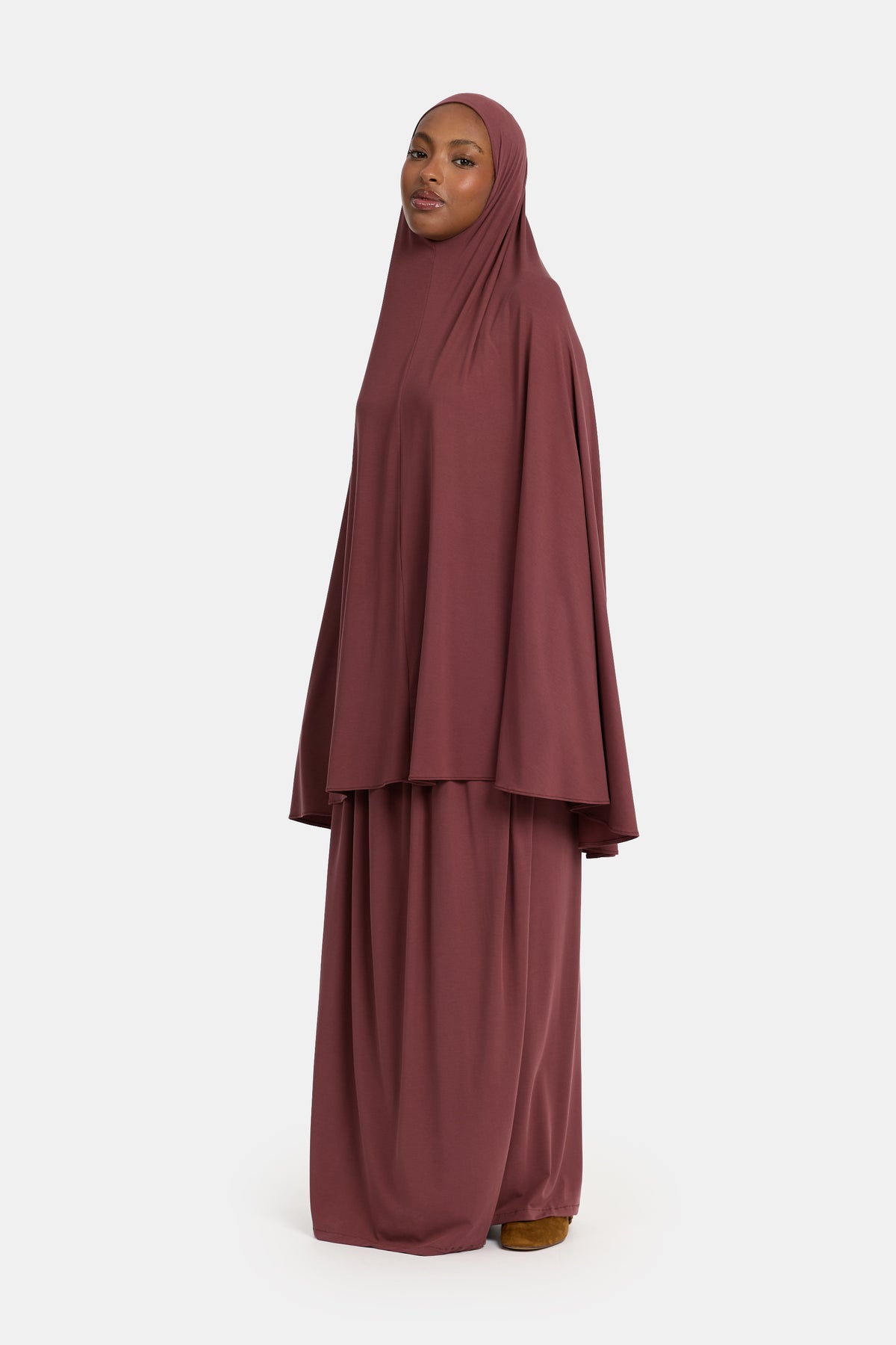 Ensemble khimar et jupe en jersey respirant rouge acajou poussiéreux