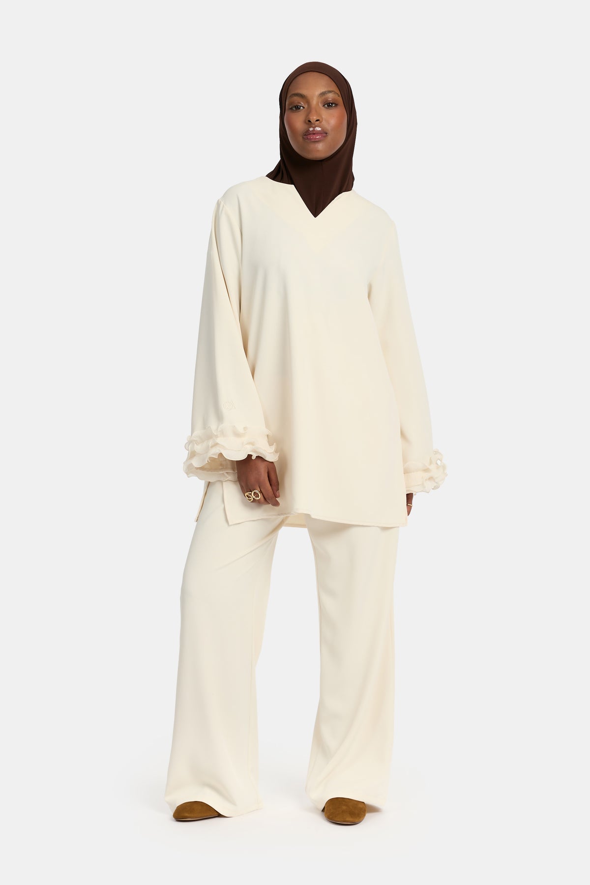 Wrinkle chiffon twinset Egret