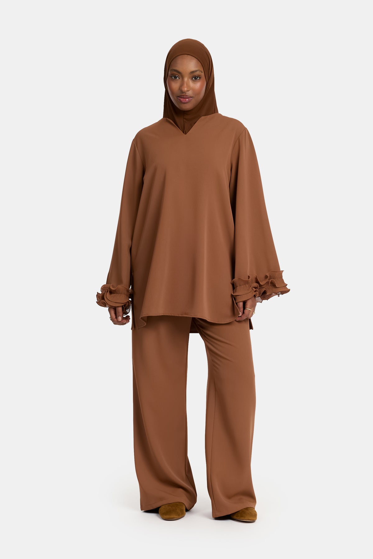 Ensemble deux pièces en mousseline froissée couleur caramel