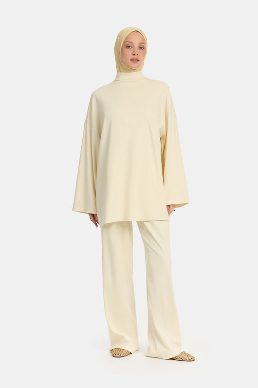 Jersey-Twinset aus Baumwolle mit Stehkragen in Creme