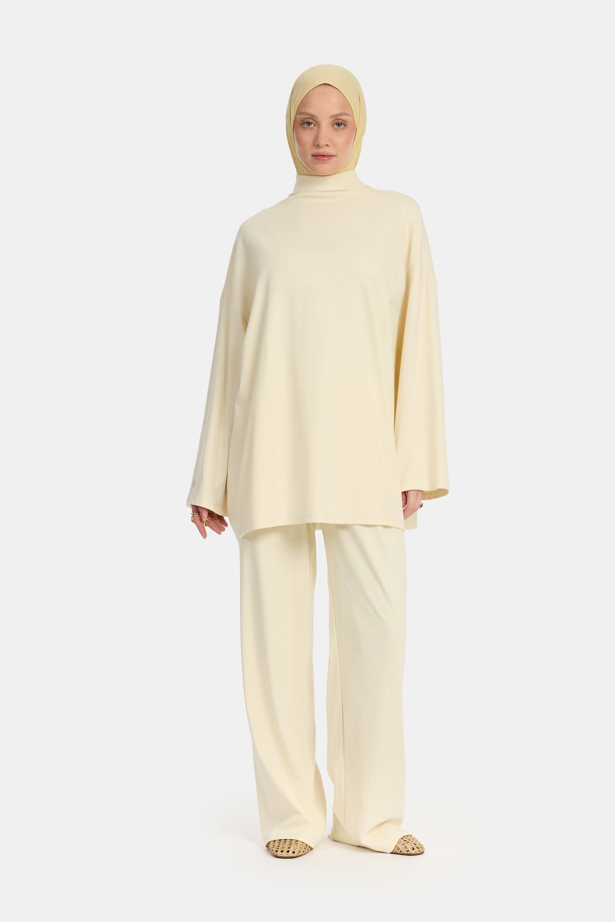 Jersey-Twinset aus Baumwolle mit Stehkragen in Creme