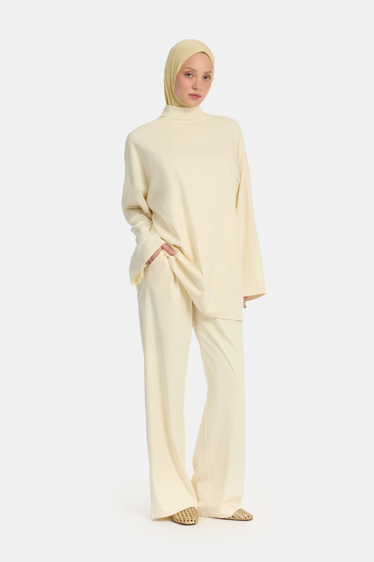 Jersey-Twinset aus Baumwolle mit Stehkragen in Creme