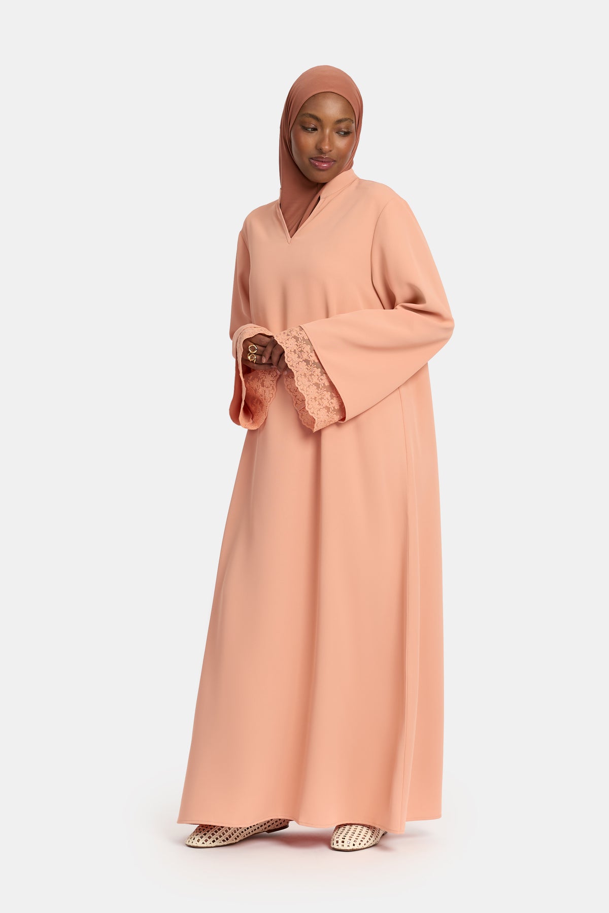 Abaya à manches en dentelle double, Muted Clay