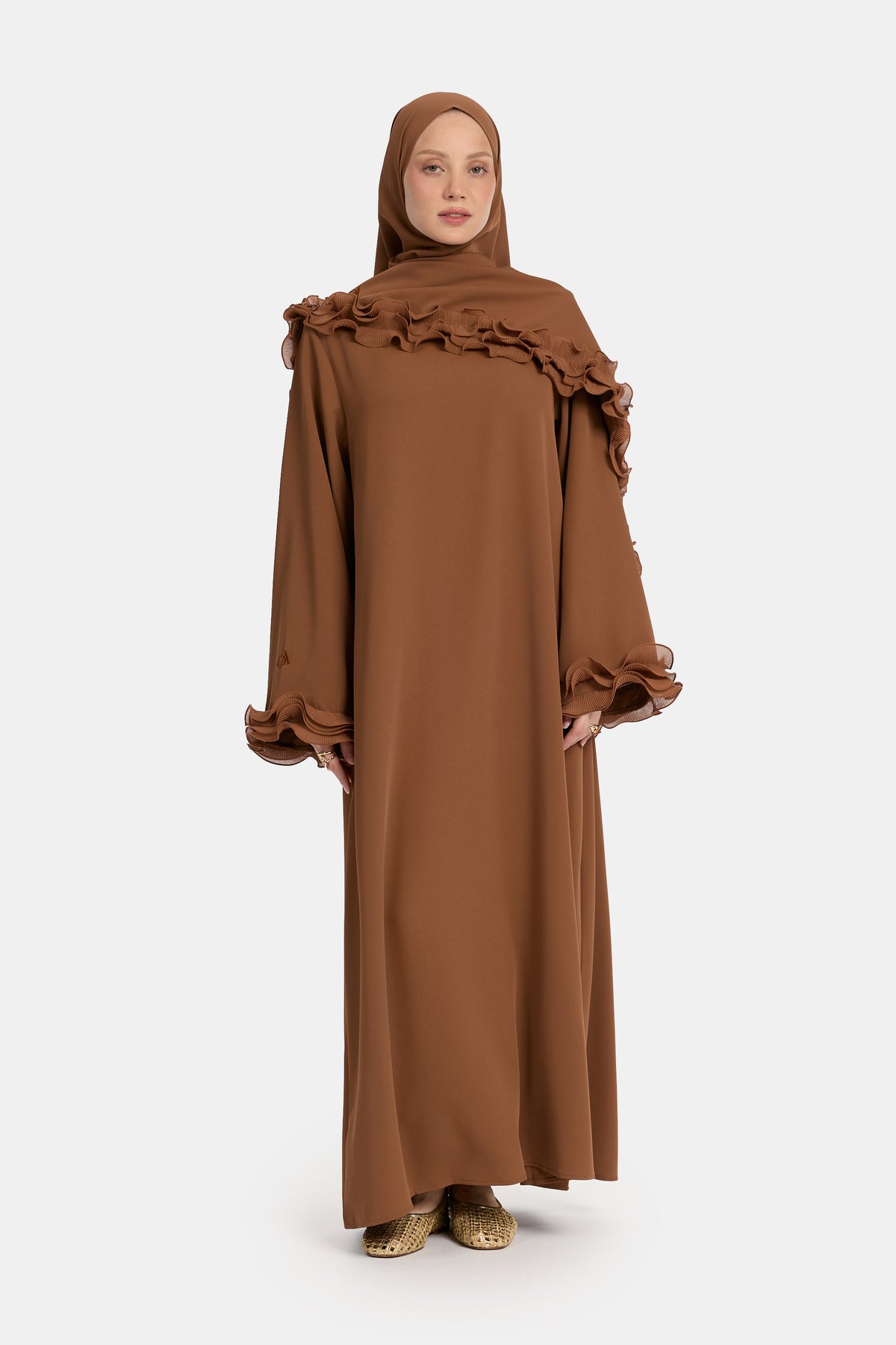 Abaya en mousseline froissée couleur caramel