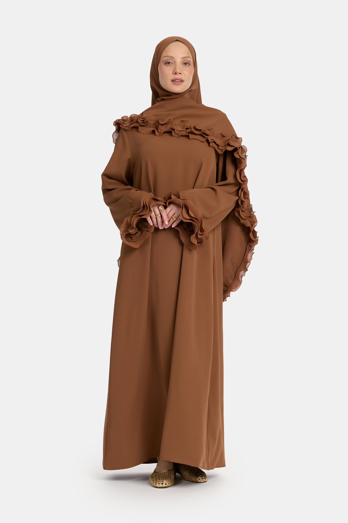 Abaya en mousseline froissée couleur caramel