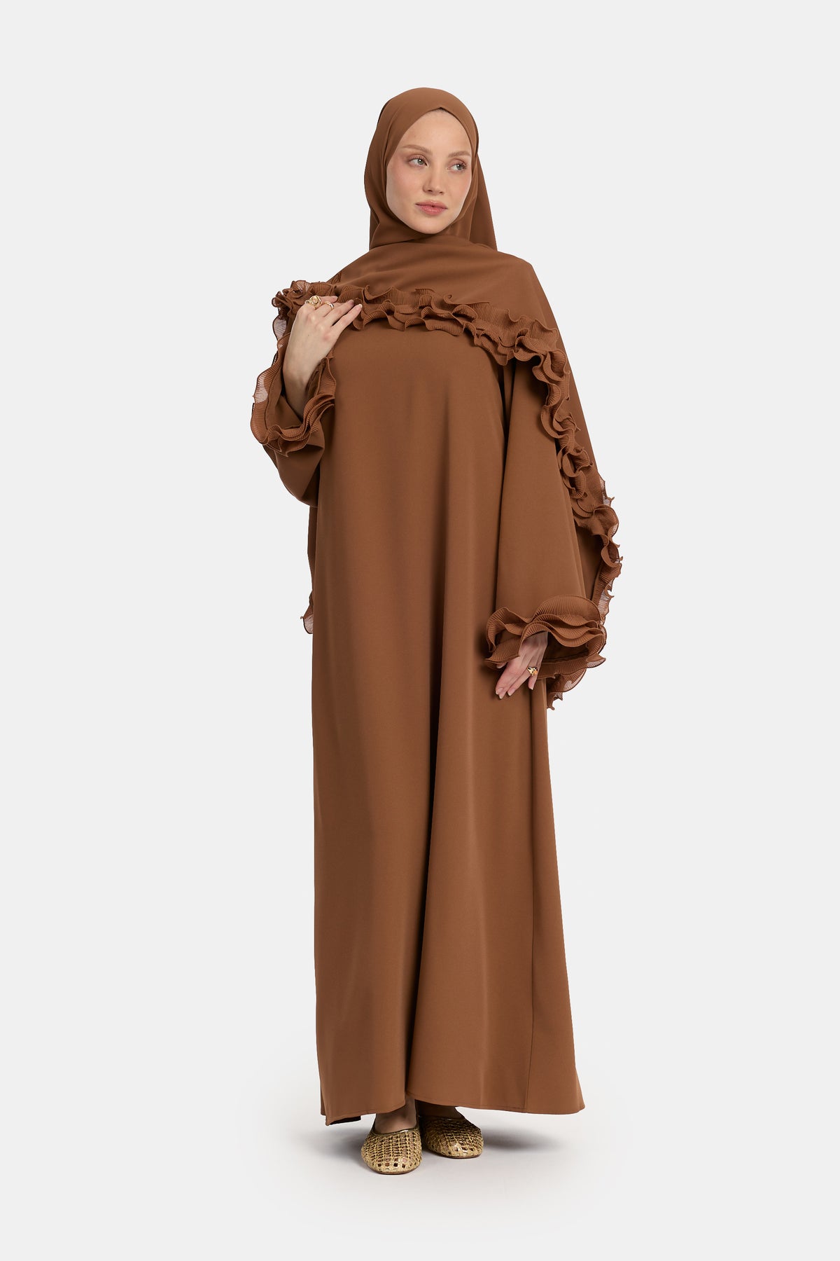 Abaya en mousseline froissée couleur caramel