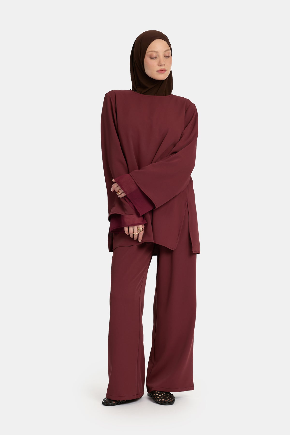 Doppelärmel-Twinset Rotes Mahagoni