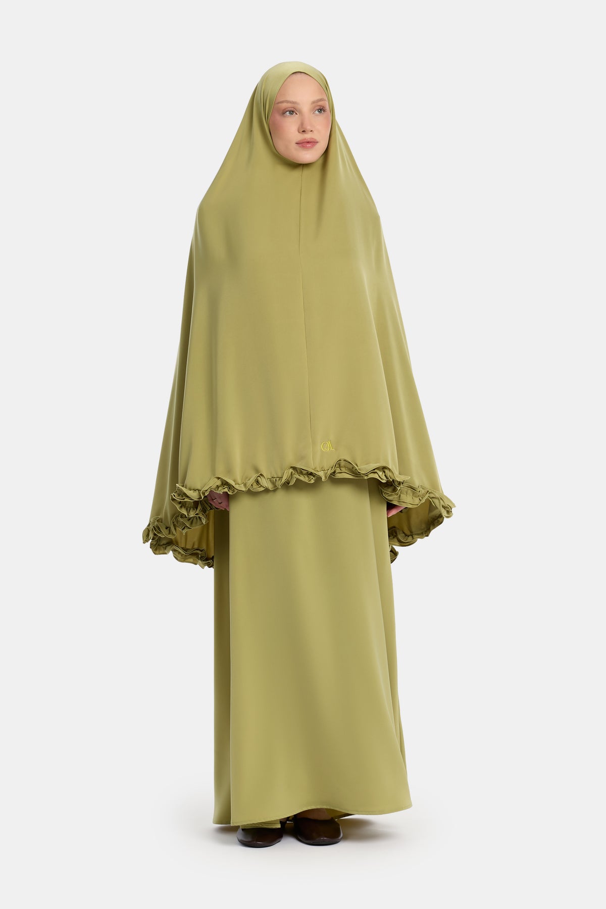 Satin Khimar gewellt mit Rüschen Light Olive
