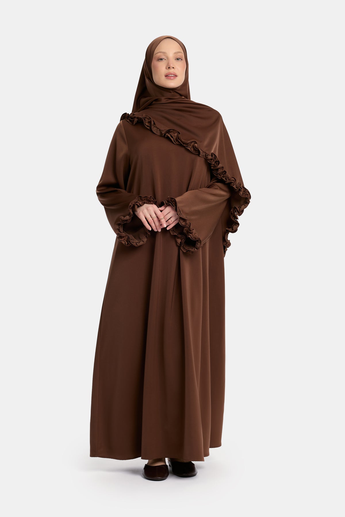Satin wavy ruffle abaya brown