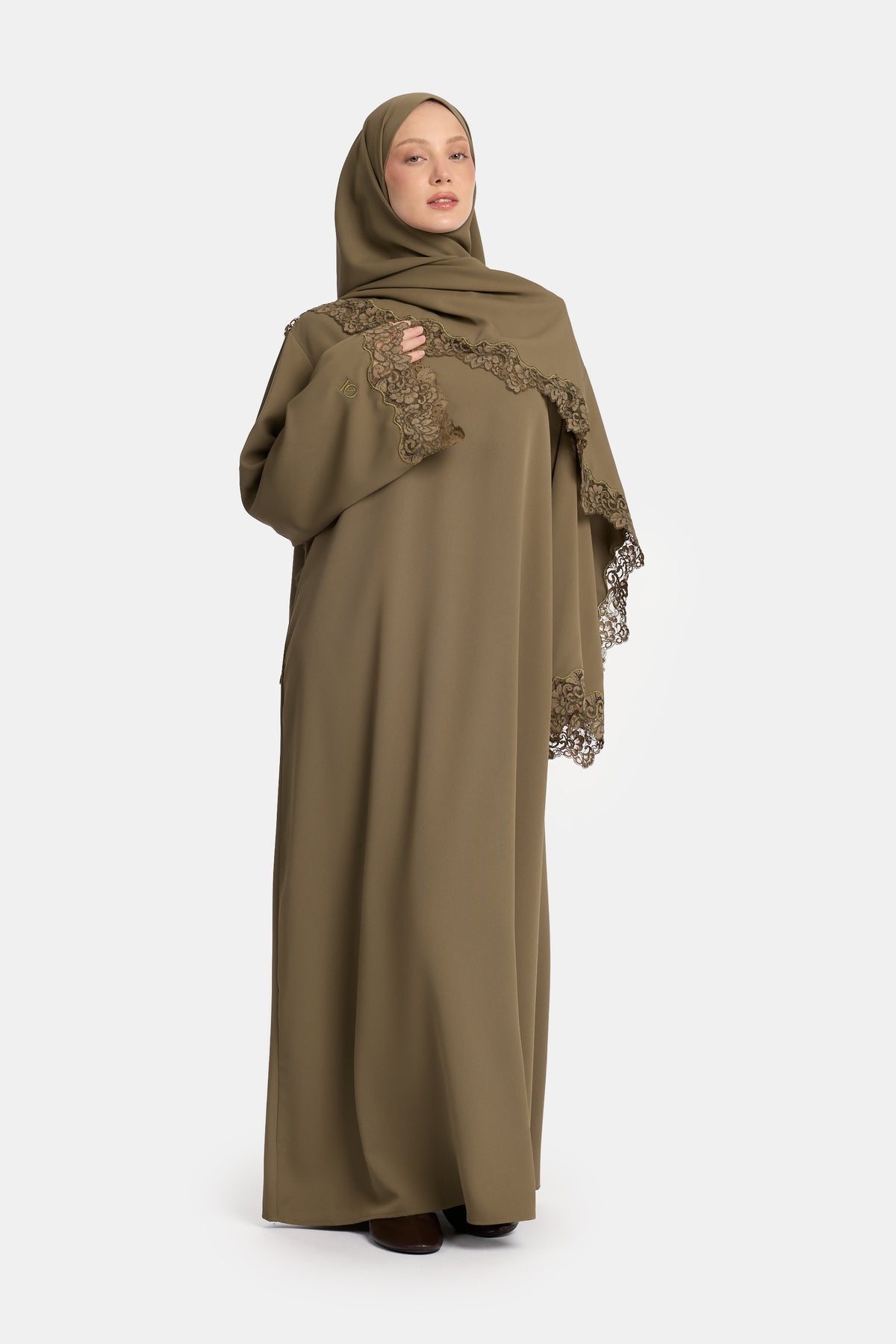 Abaya à bords ondulés en dentelle, Olive brûlée