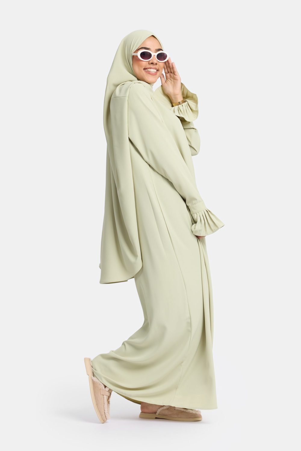 Excellent flower abaya Soft Sage - Afbeelding 3