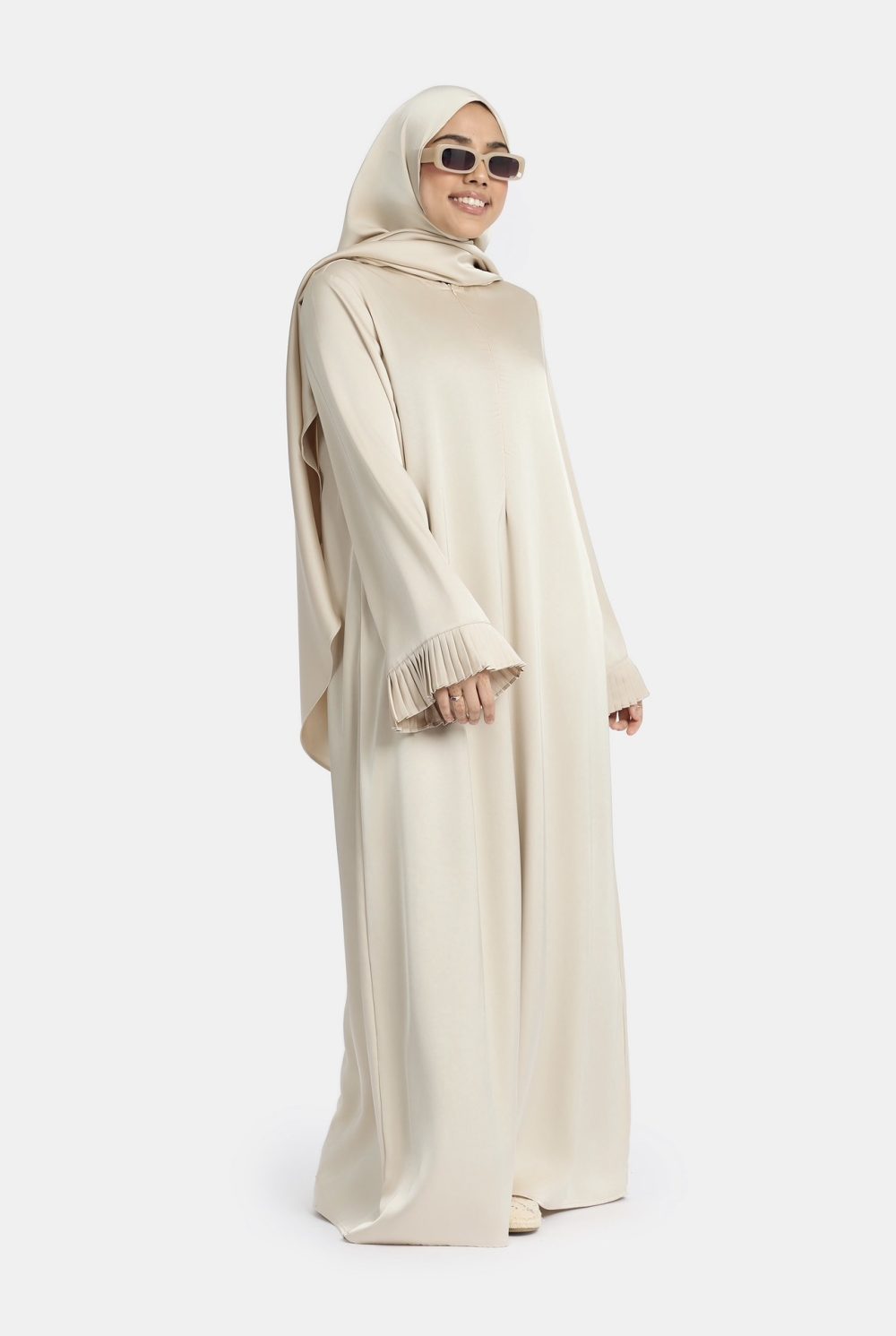 Plisse sleeve abaya Silk Almond - Afbeelding 2