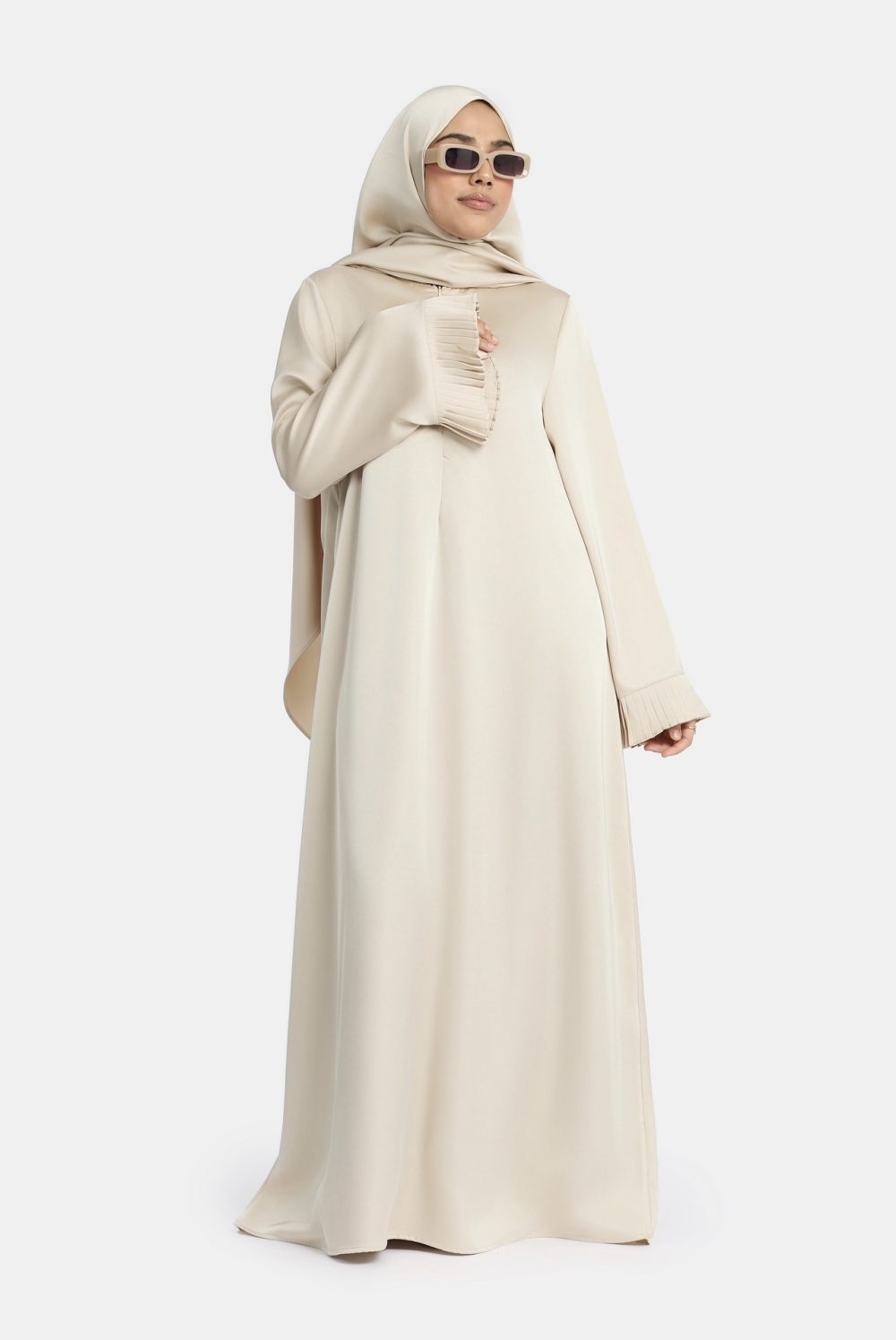 Plisse sleeve abaya Silk Almond - Afbeelding 3