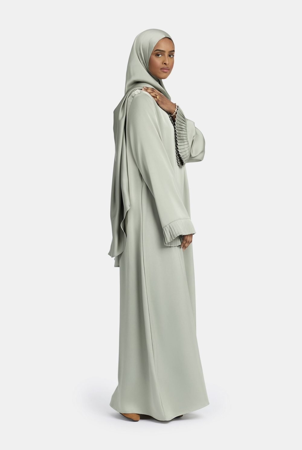 Plisse sleeve abaya Silk Green - Afbeelding 3