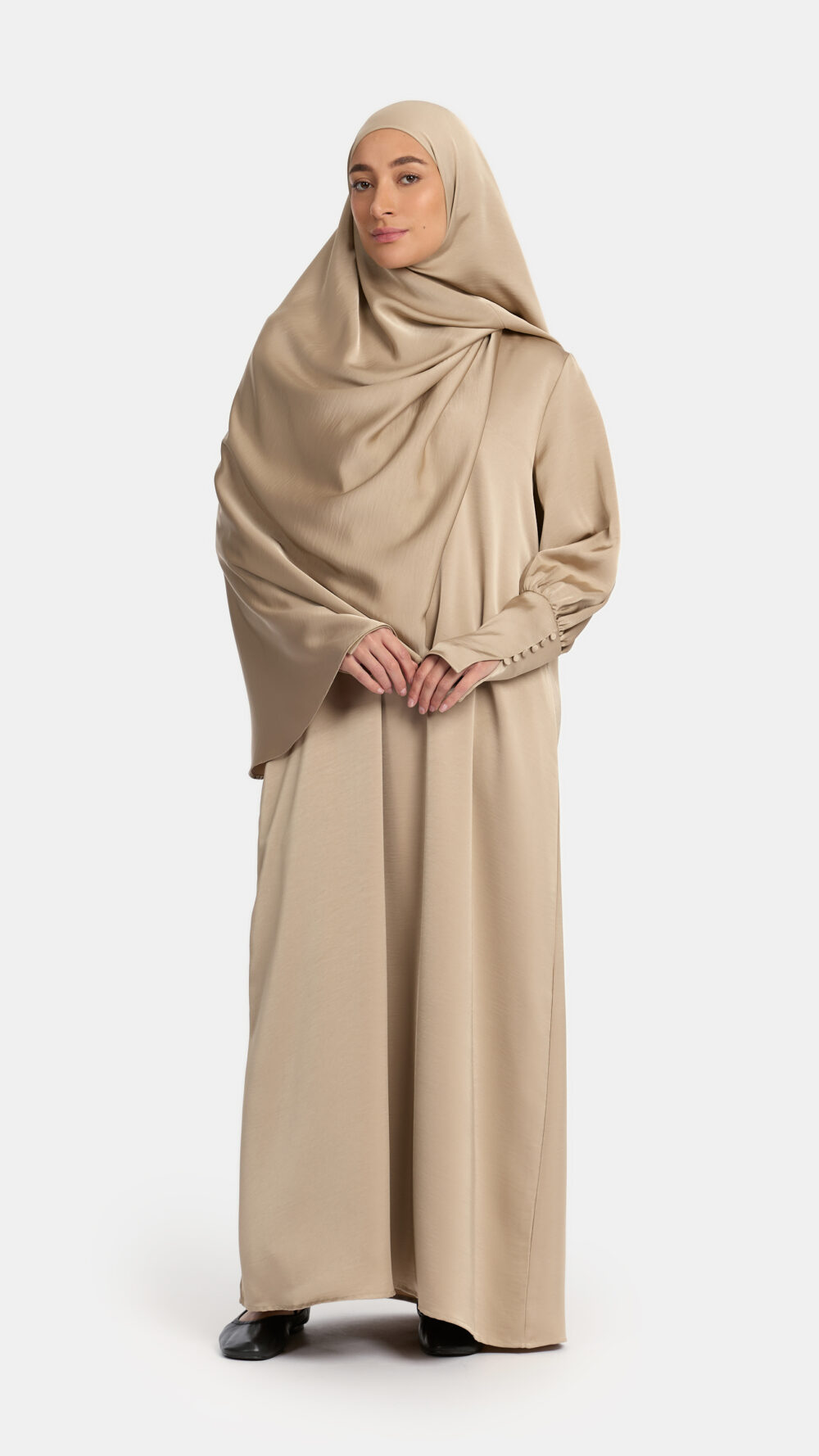 Satin Button sleeve abaya Taupe
