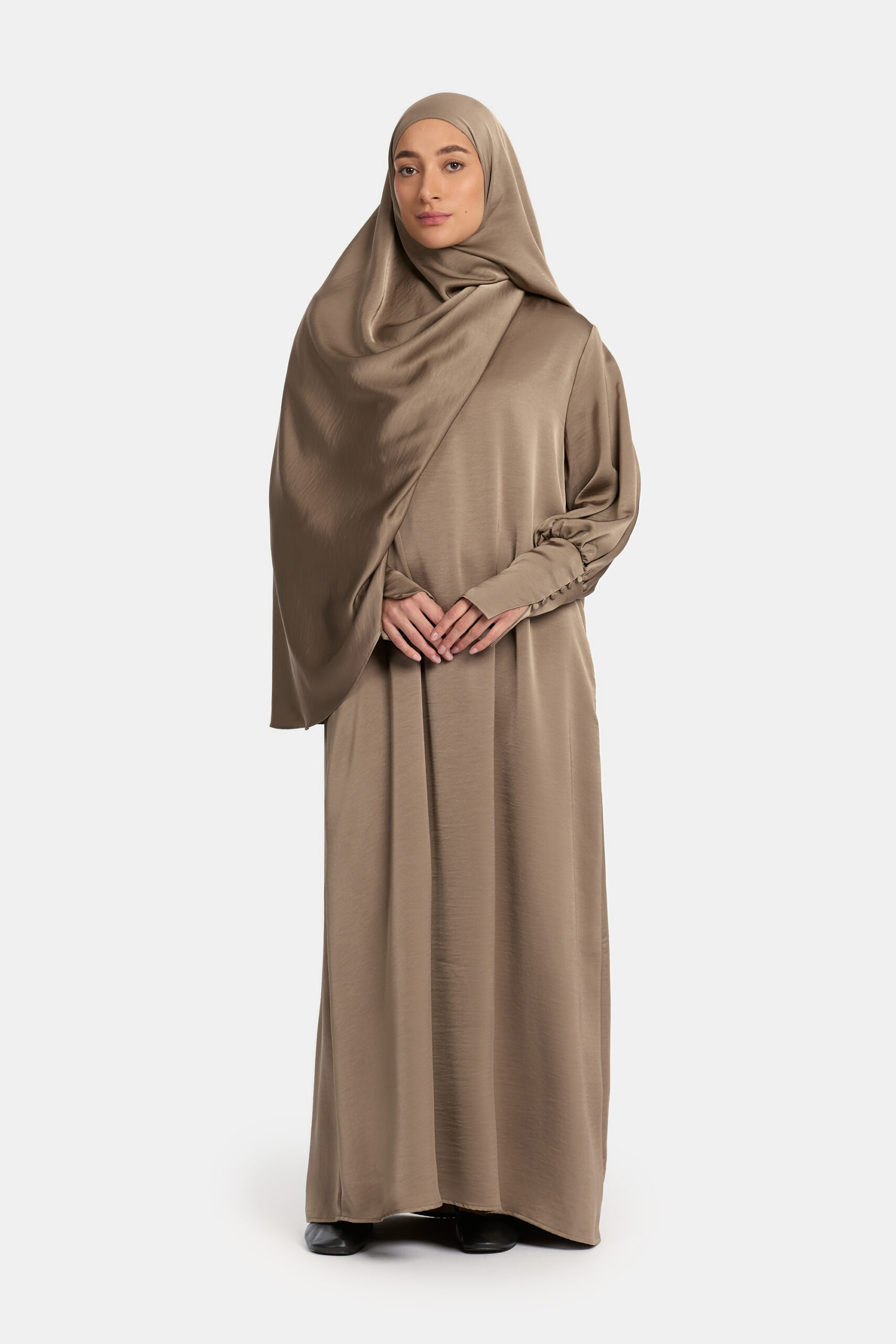 Satin Button sleeve abaya Ash Taupe - Afbeelding 2