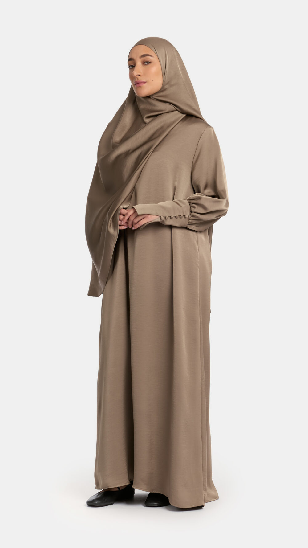 Satin Button sleeve abaya Ash Taupe